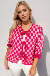Double Take Tied Checkered Dropped Shoulder Flounce Sleeve Cardigan OutfitFlow